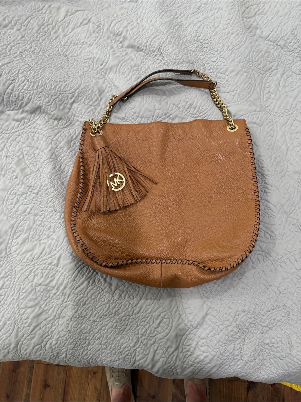 Michael Kors Cognac Leather Hobo with Tassel and Gold Hardware